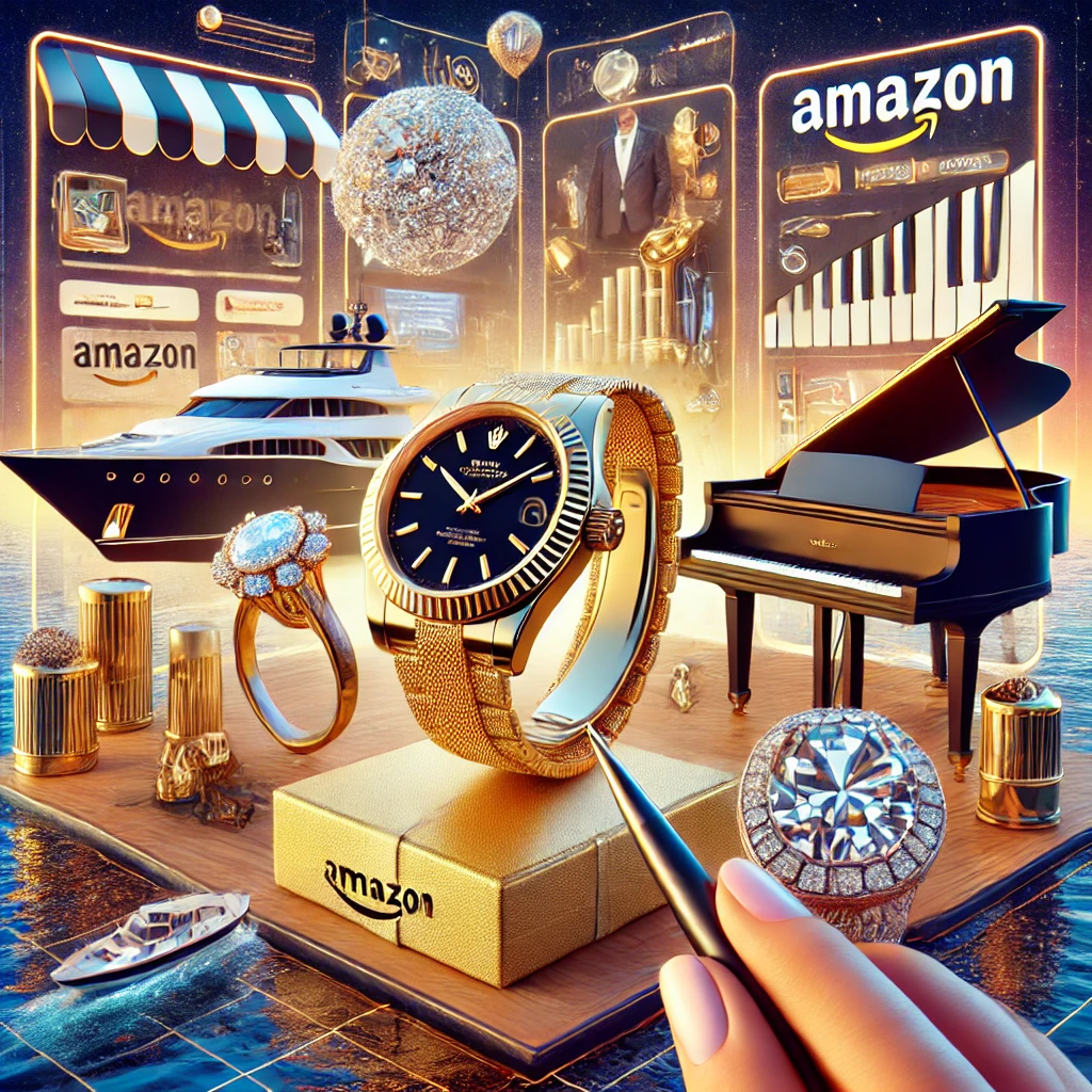 A luxurious online shopping experience on Amazon featuring high-end items like a gold Rolex watch, diamond engagement ring, grand piano, large flat-screen TV, and a luxury yacht in the background, all representing exclusivity and wealth.