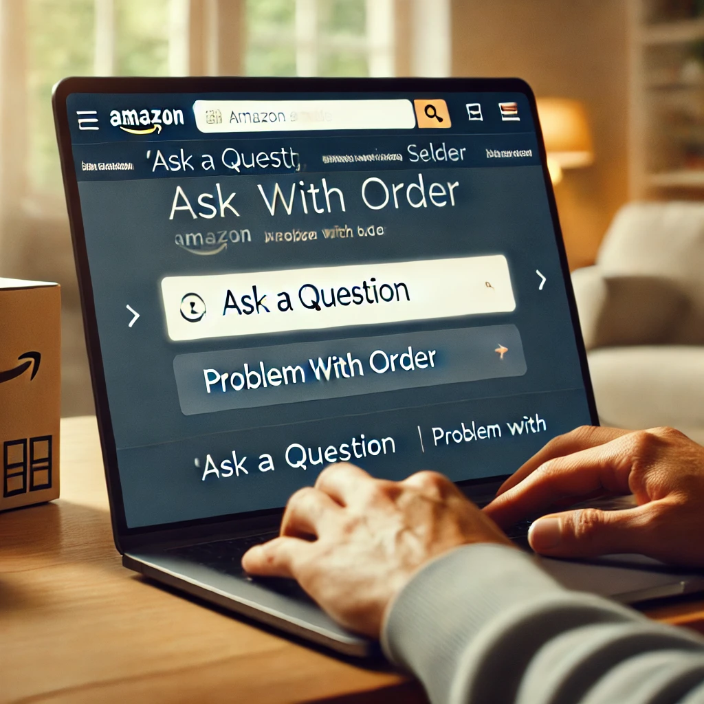 Customer browsing Amazon on a laptop, showing options to contact a seller about a product purchase