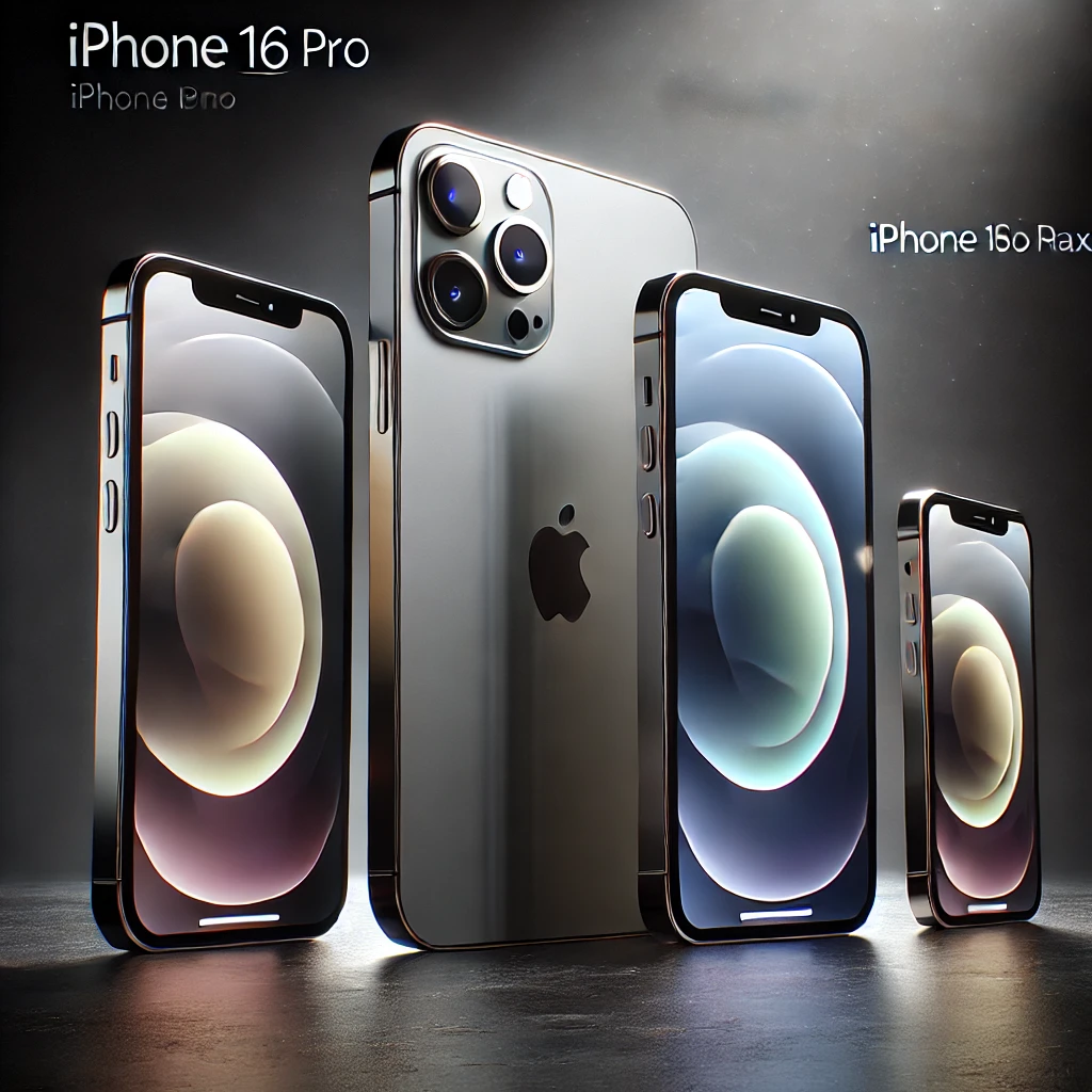 "iPhone 16 Pro and iPhone 16 Pro Max, showcasing the larger display, titanium frame, and advanced camera features in a sleek and modern design."