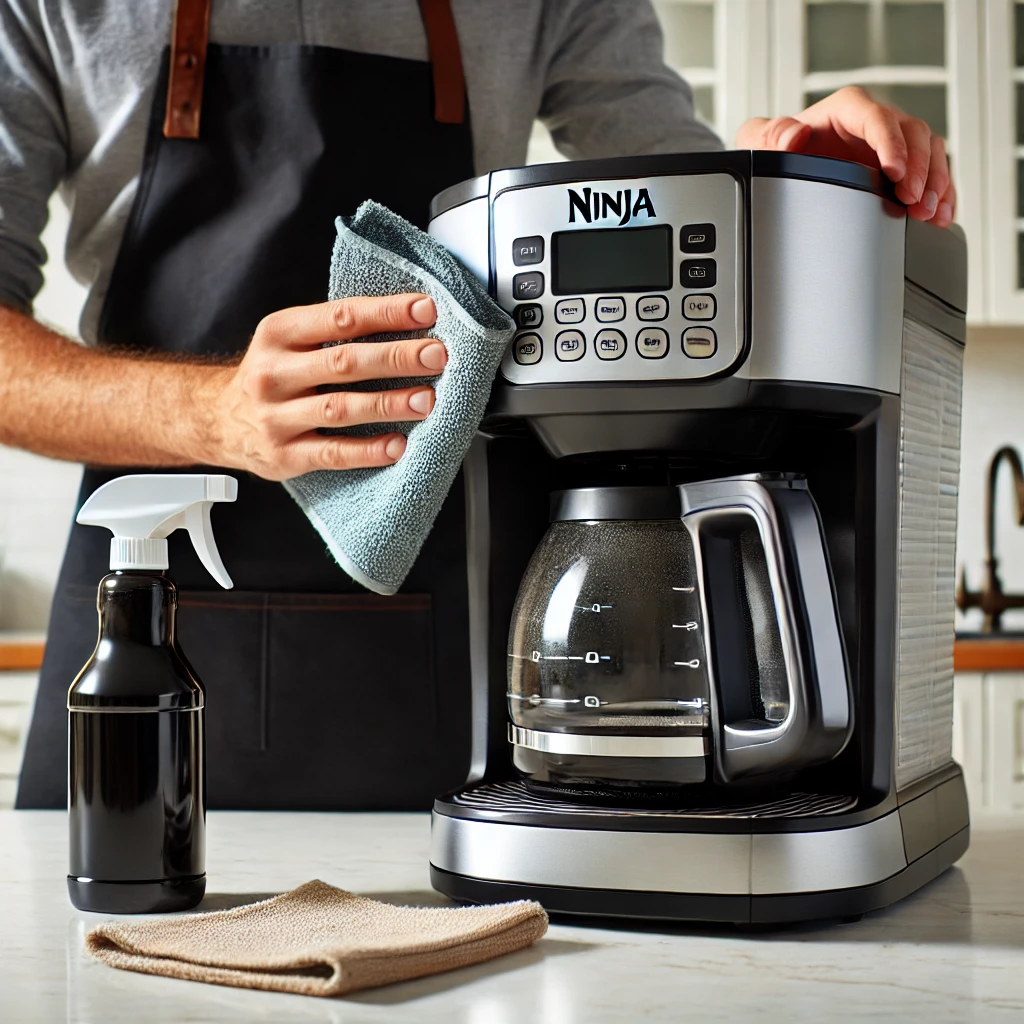 A person cleaning a Ninja Coffee Maker, showing the steps to maintain and descale the machine for optimal performance."