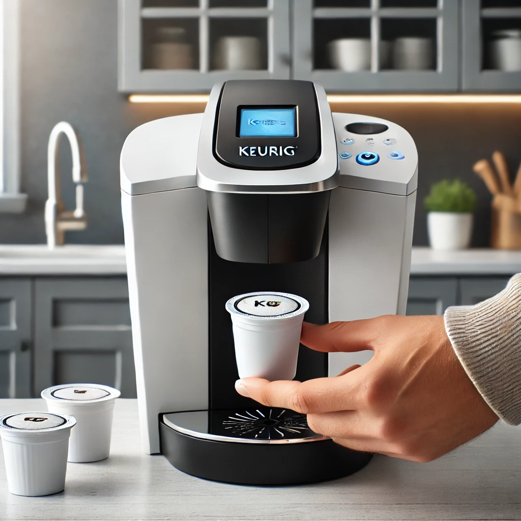 A person preparing to brew coffee using a Keurig Coffee Maker, showcasing the simple steps of inserting a K-Cup and selecting brew settings.